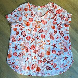 C&C CALIFORNIA Sealife Print V-Neck Short Slv 100% Cotton Knit Top plus size 3X